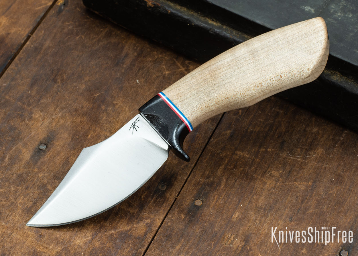 Dark Timber Knives: Dark Knight Skinner AEBL - Natural Curly Maple - Black Guard - Red/Wht/Blue Spacer - 121806