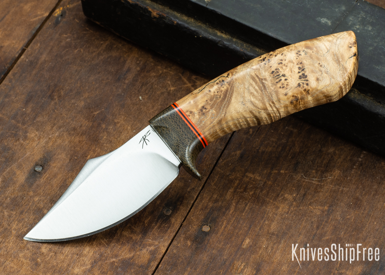 Dark Timber Knives: Dark Knight Skinner AEBL - Black Ash Burl - Green Guard - Org/Blk/Org Spacer - 121849