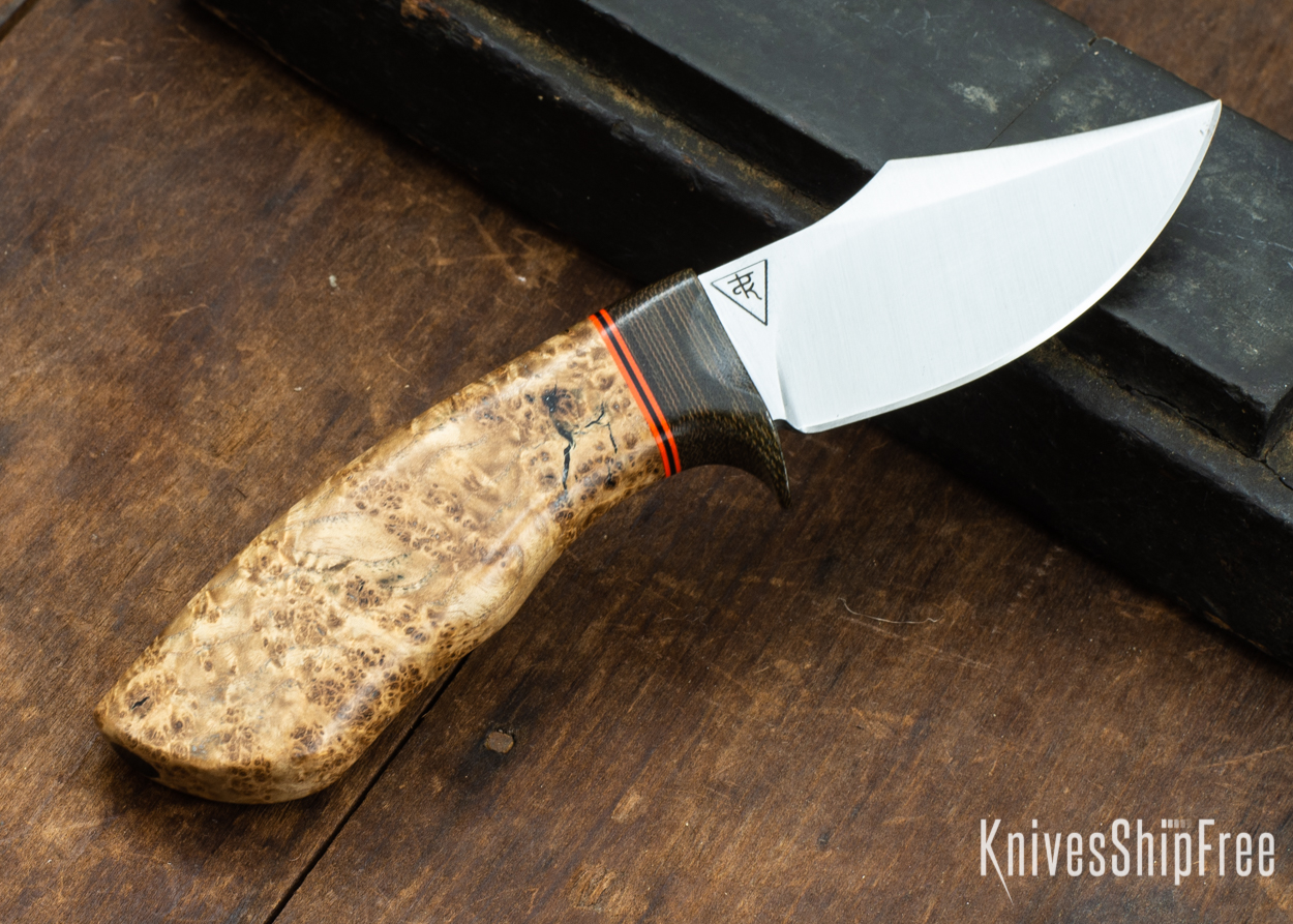 Dark Timber Knives: Dark Knight Skinner AEBL - Black Ash Burl - Green Guard - Org/Blk/Org Spacer - 121850