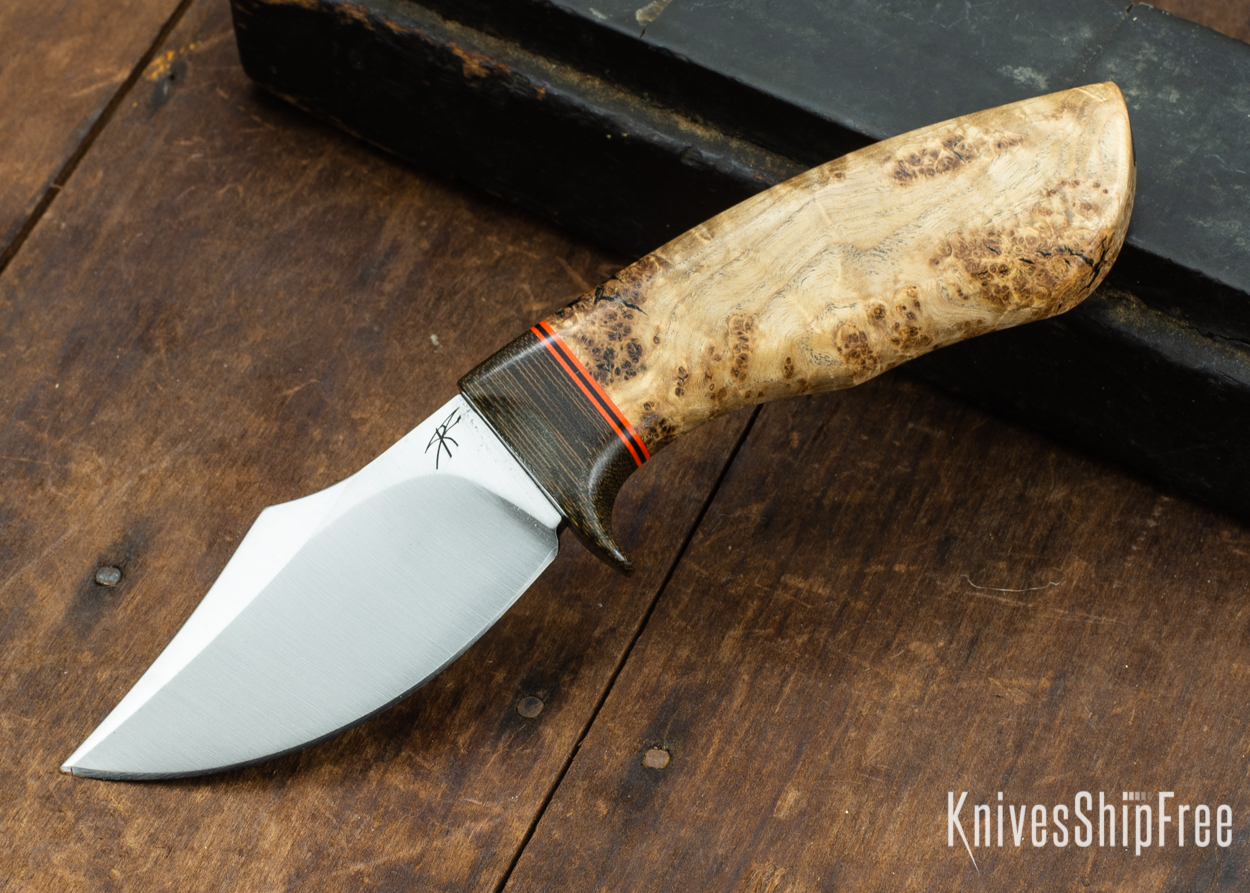 Dark Timber Knives: Dark Knight Skinner AEBL - Black Ash Burl - Green Guard - Org/Blk/Org Spacer - 121851