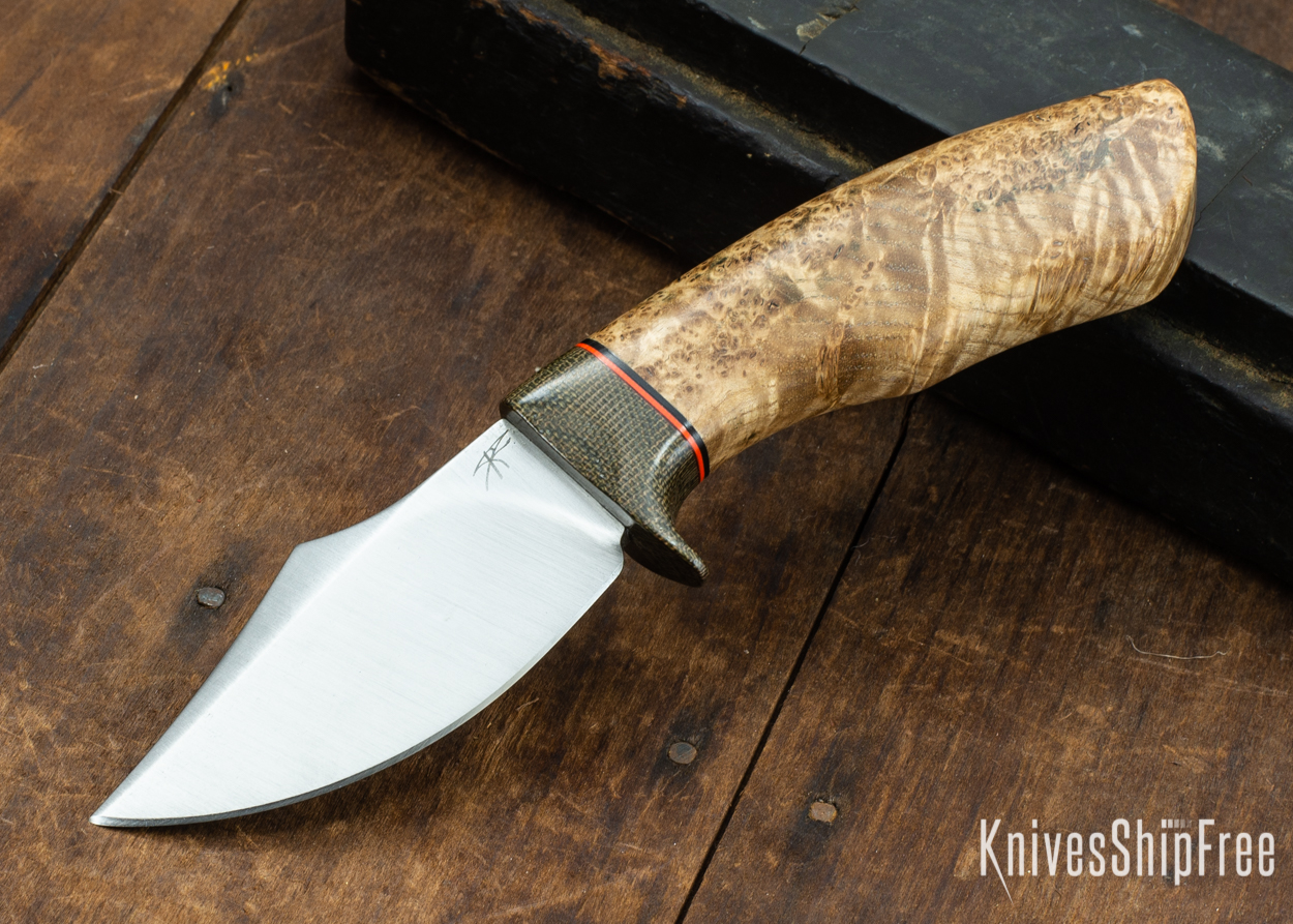 Dark Timber Knives: Dark Knight Skinner AEBL - Black Ash Burl - Green Guard - Org/Blk Spacer - 121858