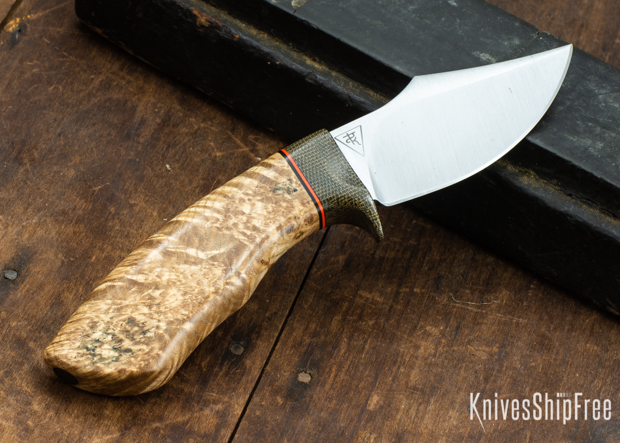 Dark Timber Knives: Dark Knight Skinner AEBL - Black Ash Burl - Green Guard - Org/Blk Spacer - 121858