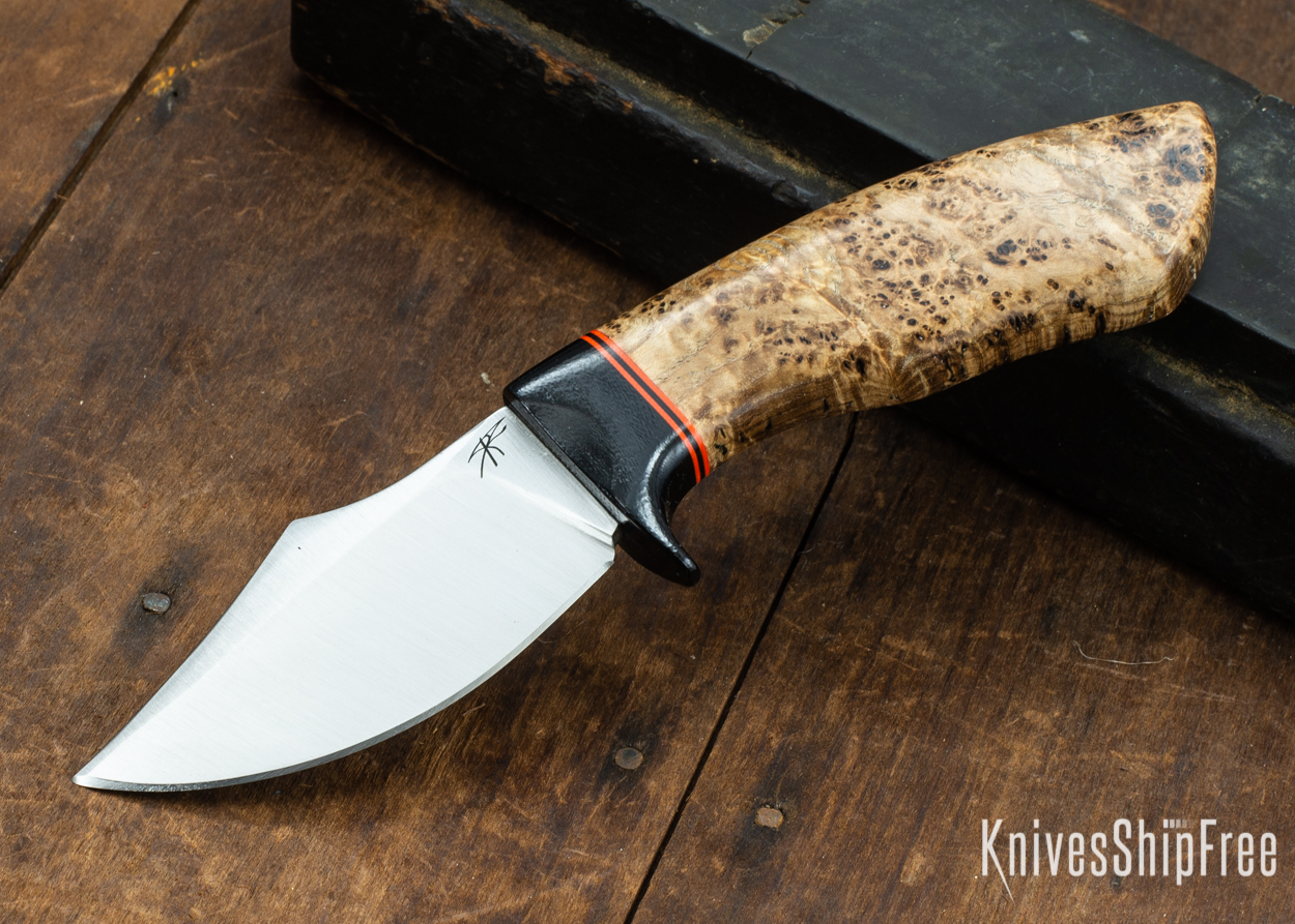 Dark Timber Knives: Dark Knight Skinner AEBL - Black Ash Burl - Black Guard - Org/Blk/Org Spacer - 121859