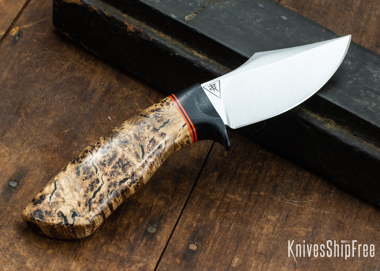 Dark Timber Knives: Dark Knight Skinner AEBL - Black Ash Burl - Black Guard - Org/Blk/Org Spacer - 121859