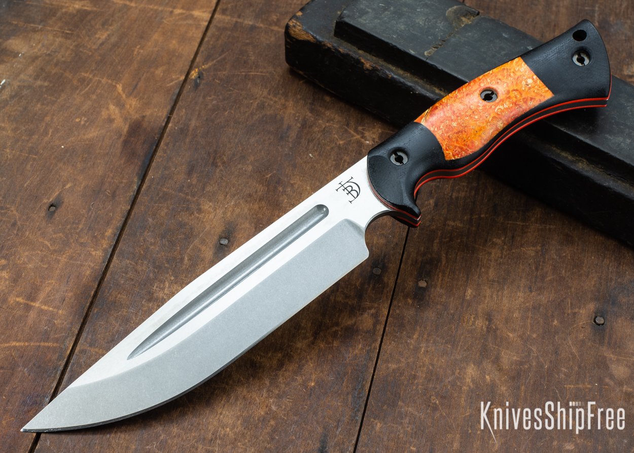 Dark Timber Knives: Honey Badger 3V - Black Micarta - Blaze Orange Box Elder - Orange Liners - Tumbled - 121610