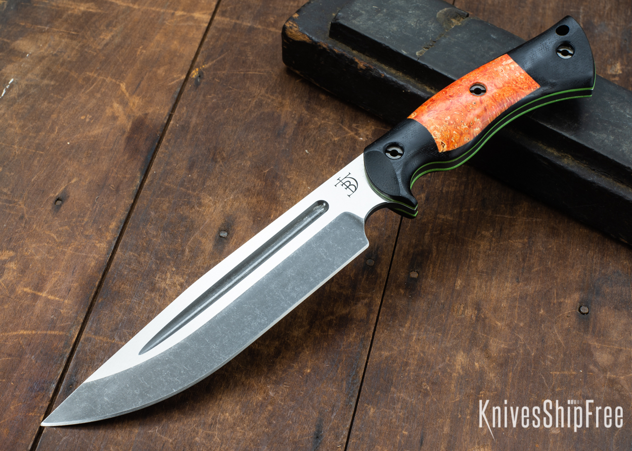 Dark Timber Knives: Honey Badger 3V - Black Micarta - Blaze Orange Box Elder - Green Liners - Acid Washed - 121611