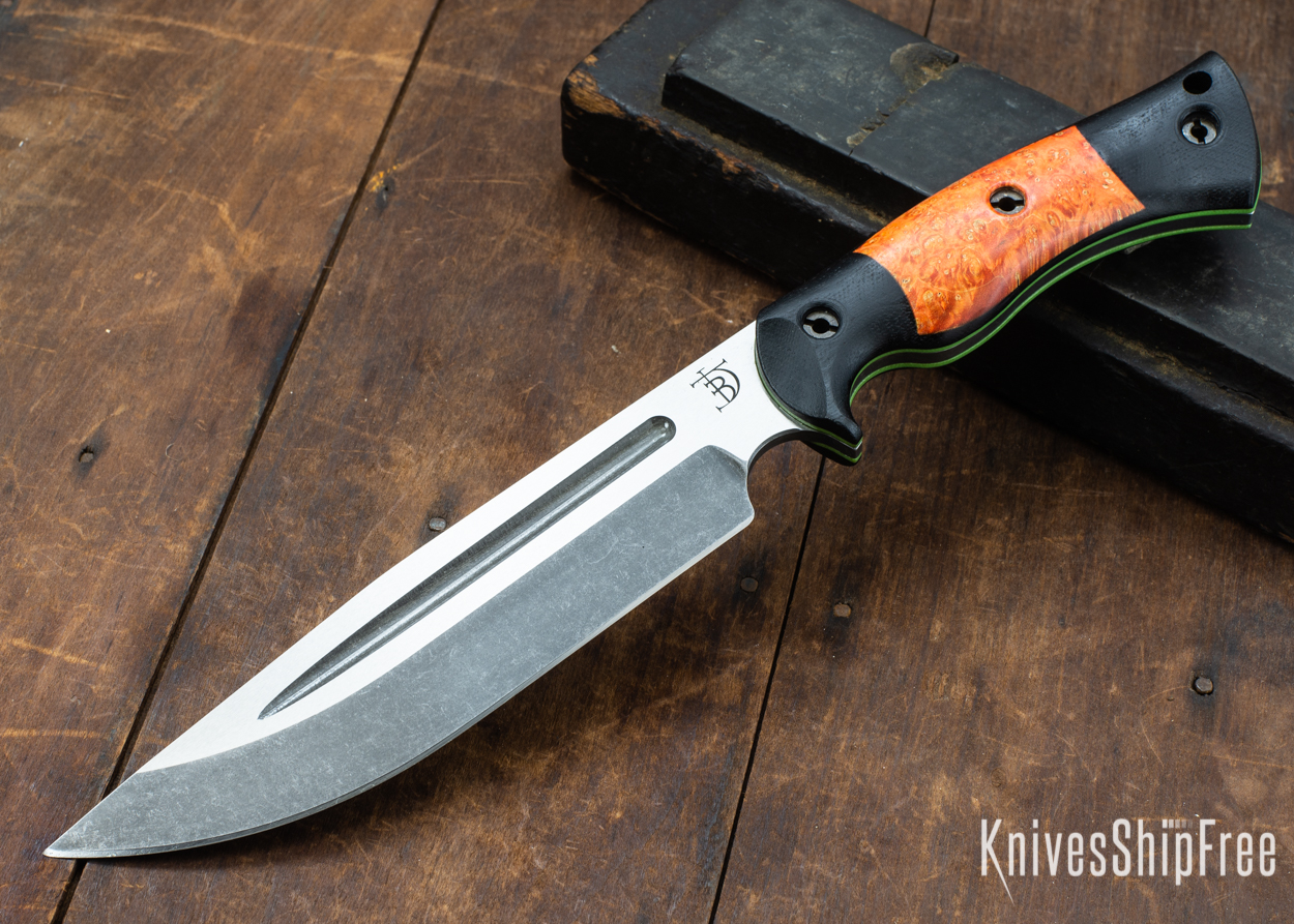 Dark Timber Knives: Honey Badger 3V - Black Micarta - Blaze Orange Box Elder - Green Liners - Acid Washed - 121613