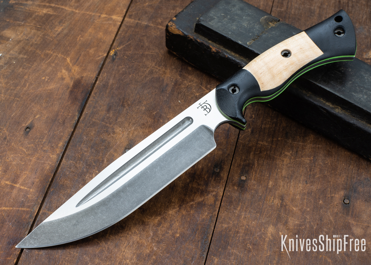 Dark Timber Knives: Honey Badger 3V - Black Micarta - Natural Curly Maple - Green Liners - Acid Washed - 121616