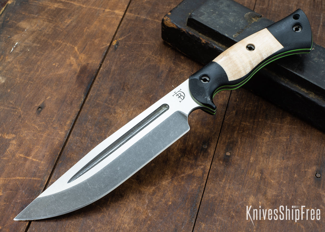 Dark Timber Knives: Honey Badger 3V - Black Micarta - Natural Curly Maple - Green Liners - Acid Washed - 121617