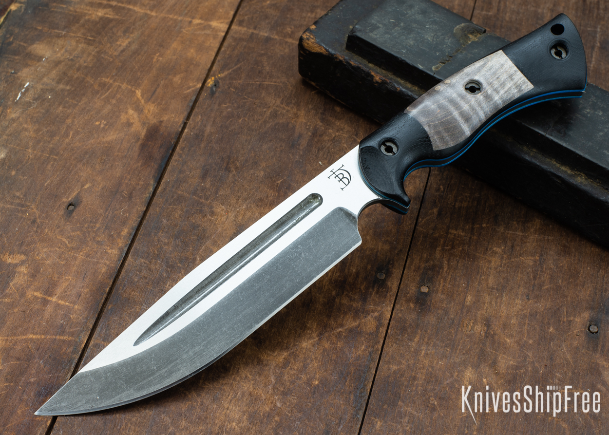 Dark Timber Knives: Honey Badger 3V - Black Micarta - Gray Curly Maple - Blue Liners - Acid Washed - 121619