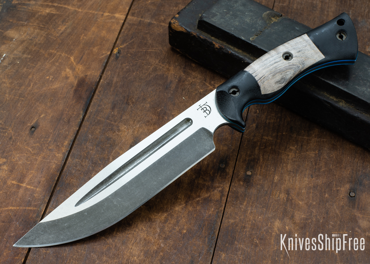 Dark Timber Knives: Honey Badger 3V - Black Micarta - Gray Curly Maple - Blue Liners - Acid Washed - 121620