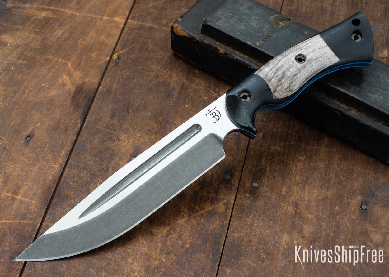 Dark Timber Knives: Honey Badger 3V - Black Micarta - Gray Curly Maple - Blue Liners - Acid Washed - 121621