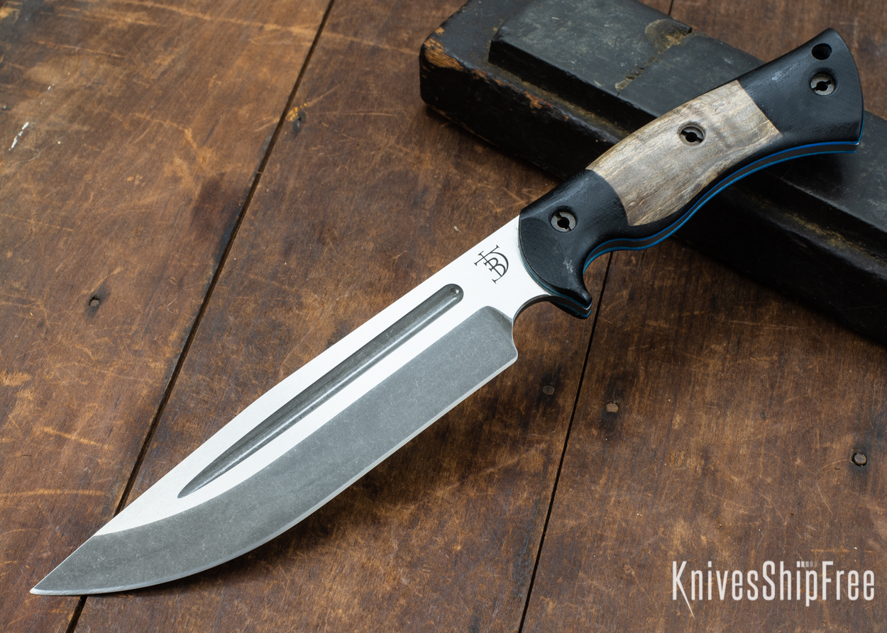 Dark Timber Knives: Honey Badger 3V - Black Micarta - Gray Curly Maple - Blue Liners - Acid Washed - 121622