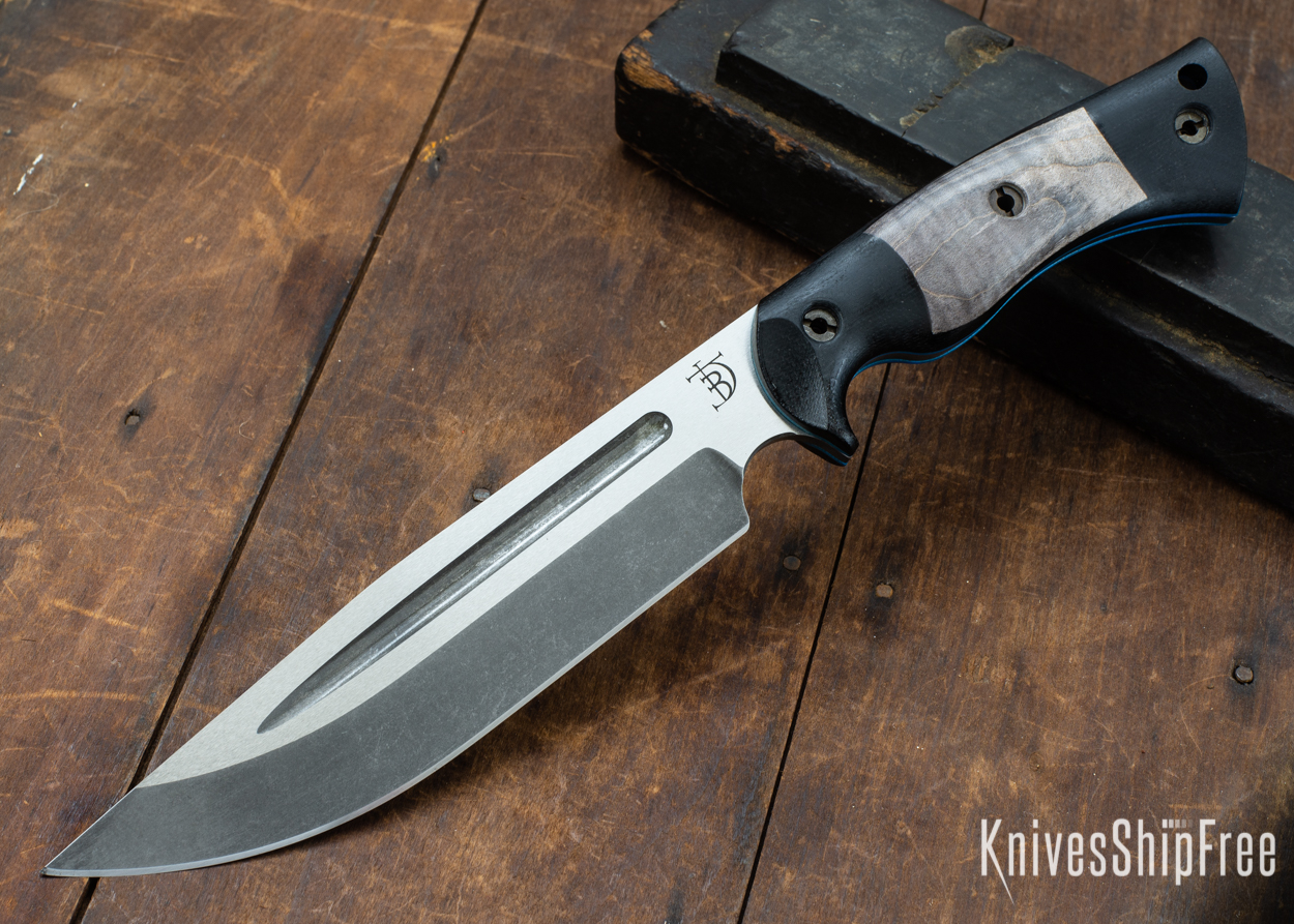 Dark Timber Knives: Honey Badger 3V - Black Micarta - Gray Curly Maple - Blue Liners - Acid Washed - 121623