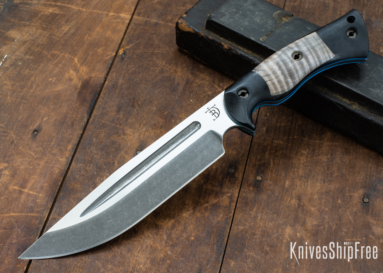 Dark Timber Knives: Honey Badger 3V - Black Micarta - Gray Curly Maple - Blue Liners - Acid Washed - 121624