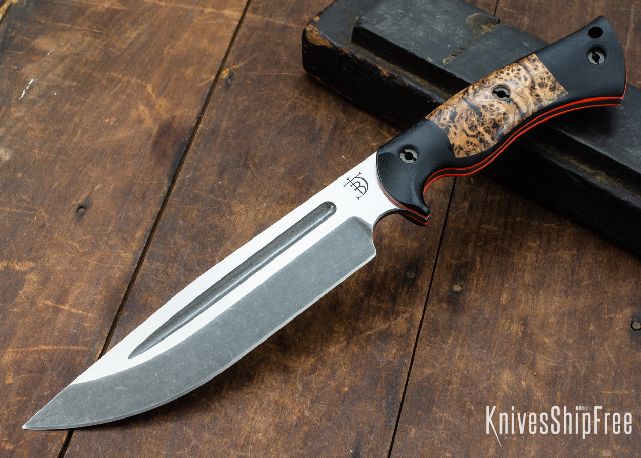 Dark Timber Knives: Honey Badger 3V - Black Micarta - Black Ash Burl - Orange Liners - Acid Washed - 121625