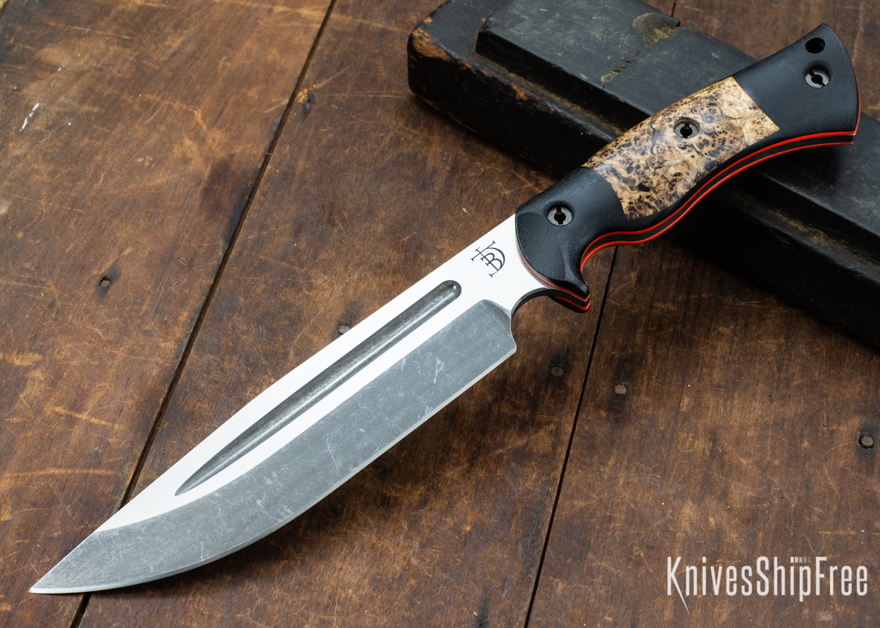 Dark Timber Knives: Honey Badger 3V - Black Micarta - Black Ash Burl - Orange Liners - Acid Washed - 121626