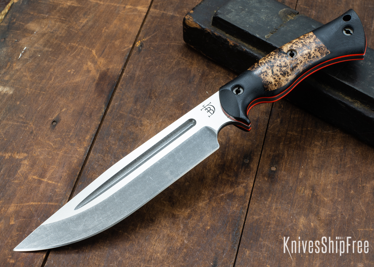 Dark Timber Knives: Honey Badger 3V - Black Micarta - Black Ash Burl - Orange Liners - Acid Washed - 121627