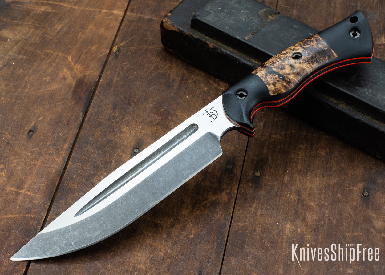 Dark Timber Knives: Honey Badger 3V - Black Micarta - Black Ash Burl - Orange Liners - Acid Washed - 121628