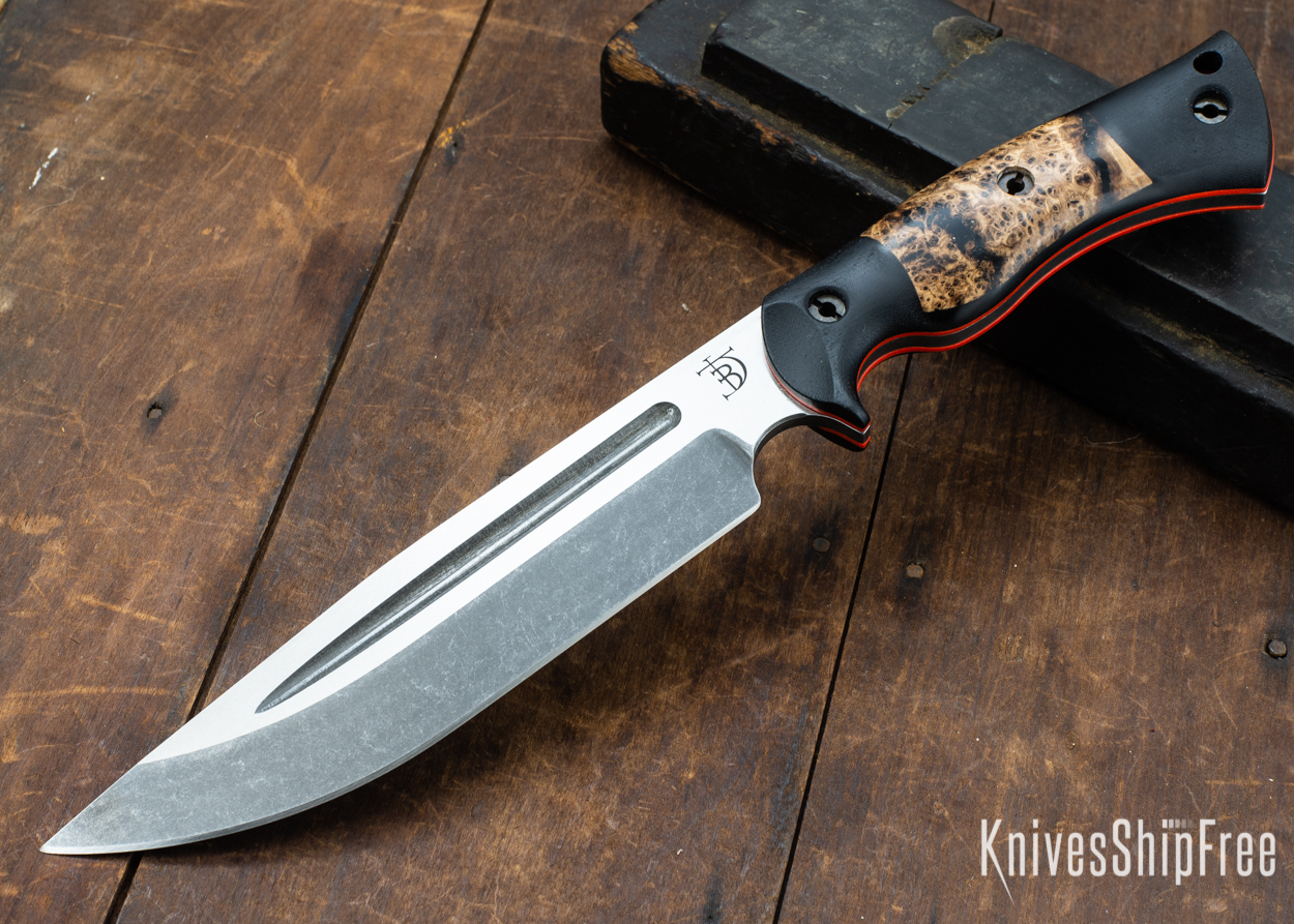 Dark Timber Knives: Honey Badger 3V - Black Micarta - Black Ash Burl - Orange Liners - Acid Washed - 121629