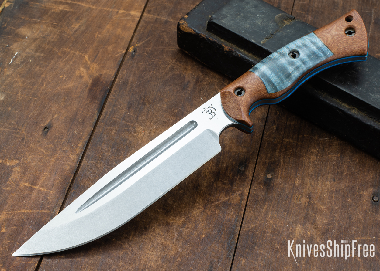 Dark Timber Knives: Honey Badger 3V - Natural Micarta - Blue Curly Maple - Blue Liners - Tumbled - 121630