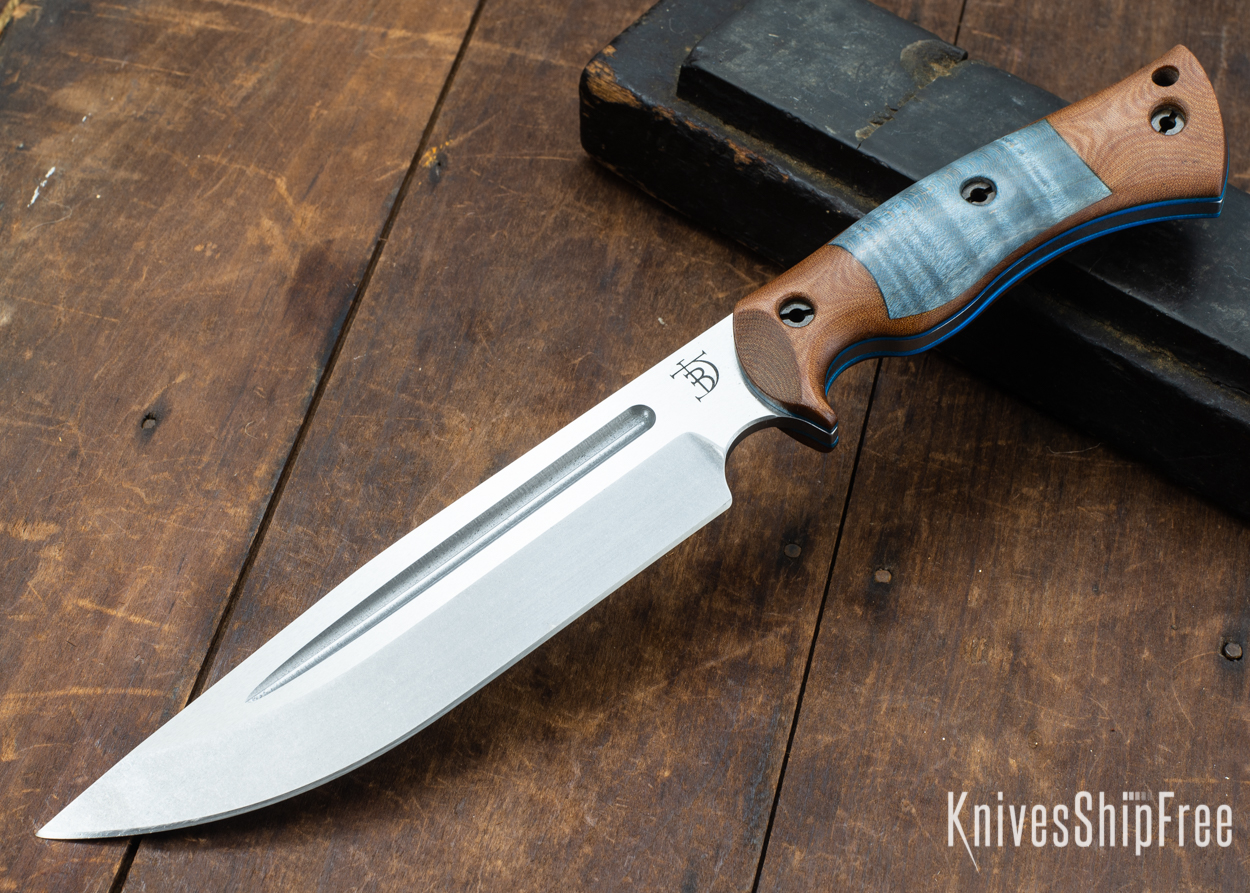 Dark Timber Knives: Honey Badger 3V - Natural Micarta - Blue Curly Maple - Blue Liners - Tumbled - 121631