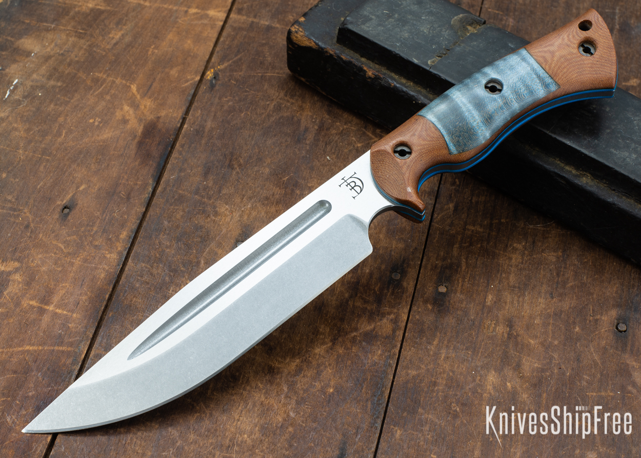 Dark Timber Knives: Honey Badger 3V - Natural Micarta - Blue Curly Maple - Blue Liners - Tumbled - 121632