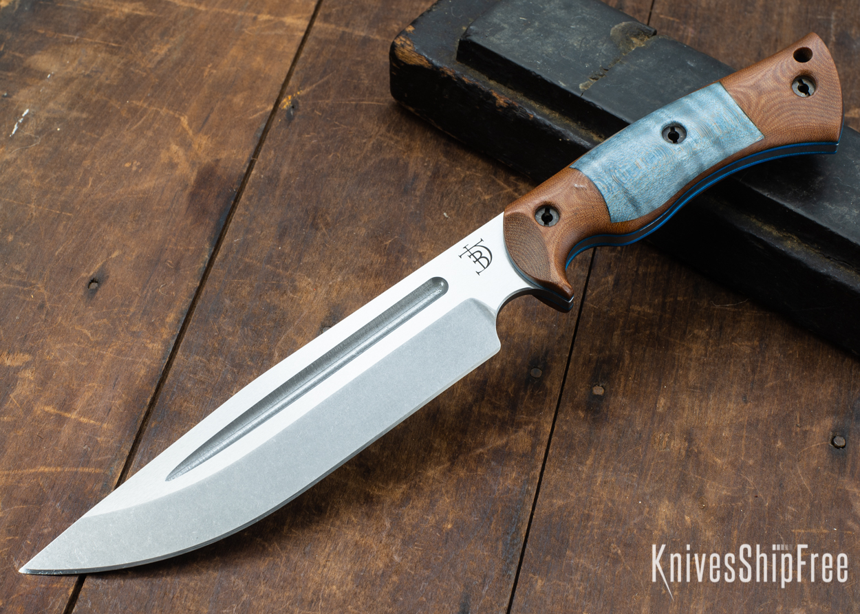 Dark Timber Knives: Honey Badger 3V - Natural Micarta - Blue Curly Maple - Blue Liners - Tumbled - 121633