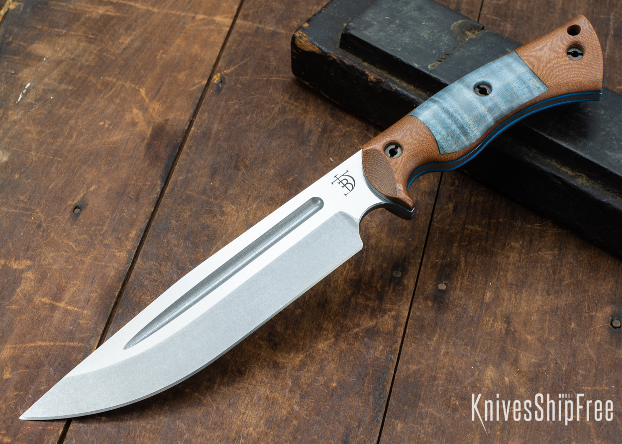 Dark Timber Knives: Honey Badger 3V - Natural Micarta - Blue Curly Maple - Blue Liners - Tumbled - 121634