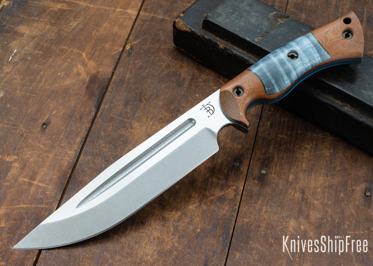 Dark Timber Knives: Honey Badger 3V - Natural Micarta - Blue Curly Maple - Blue Liners - Tumbled - 121635