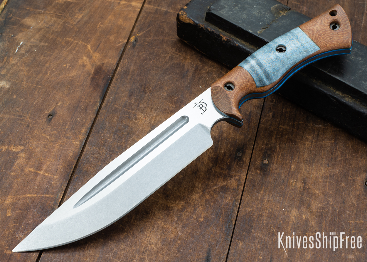 Dark Timber Knives: Honey Badger 3V - Natural Micarta - Blue Curly Maple - Blue Liners - Tumbled - 121636