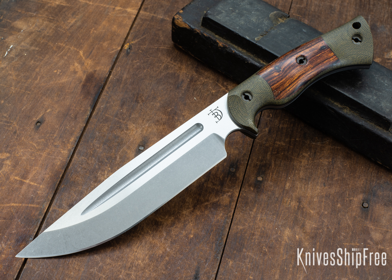 Dark Timber Knives: Honey Badger 3V - Green Micarta - Desert Ironwood - Black Liners - Tumbled - 121650