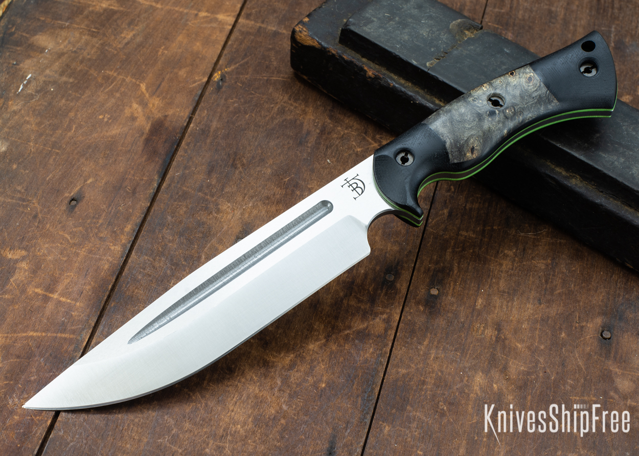 Dark Timber Knives: Honey Badger 3V - Black Micarta - Buckeye Burl - Green Liners - Satin - 121652