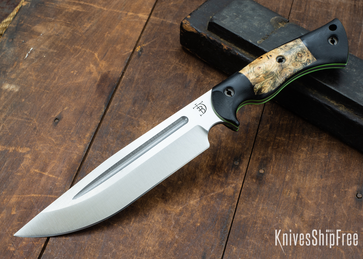 Dark Timber Knives: Honey Badger 3V - Black Micarta - Buckeye Burl - Green Liners - Satin - 121653