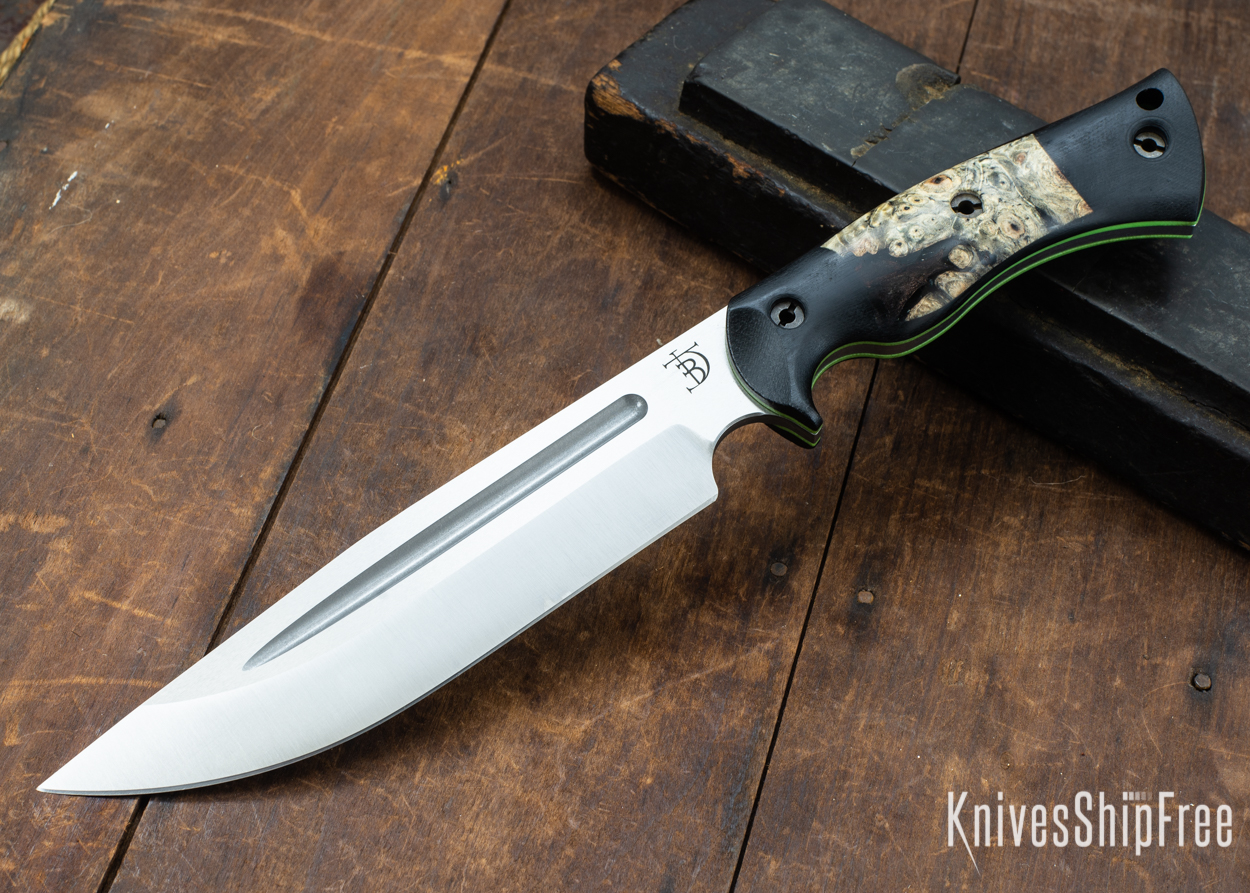 Dark Timber Knives: Honey Badger 3V - Black Micarta - Buckeye Burl - Green Liners - Satin - 121654