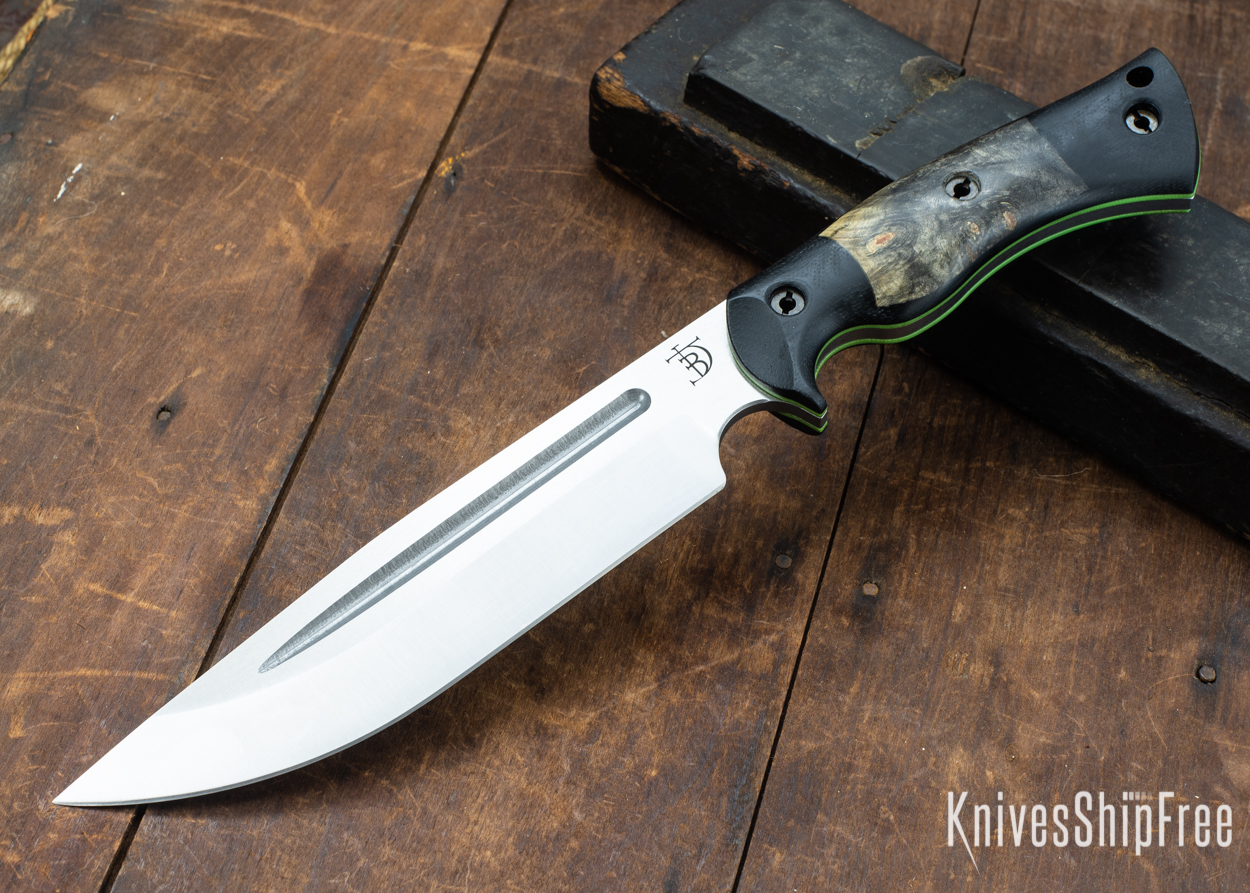 Dark Timber Knives: Honey Badger 3V - Black Micarta - Buckeye Burl - Green Liners - Satin - 121655