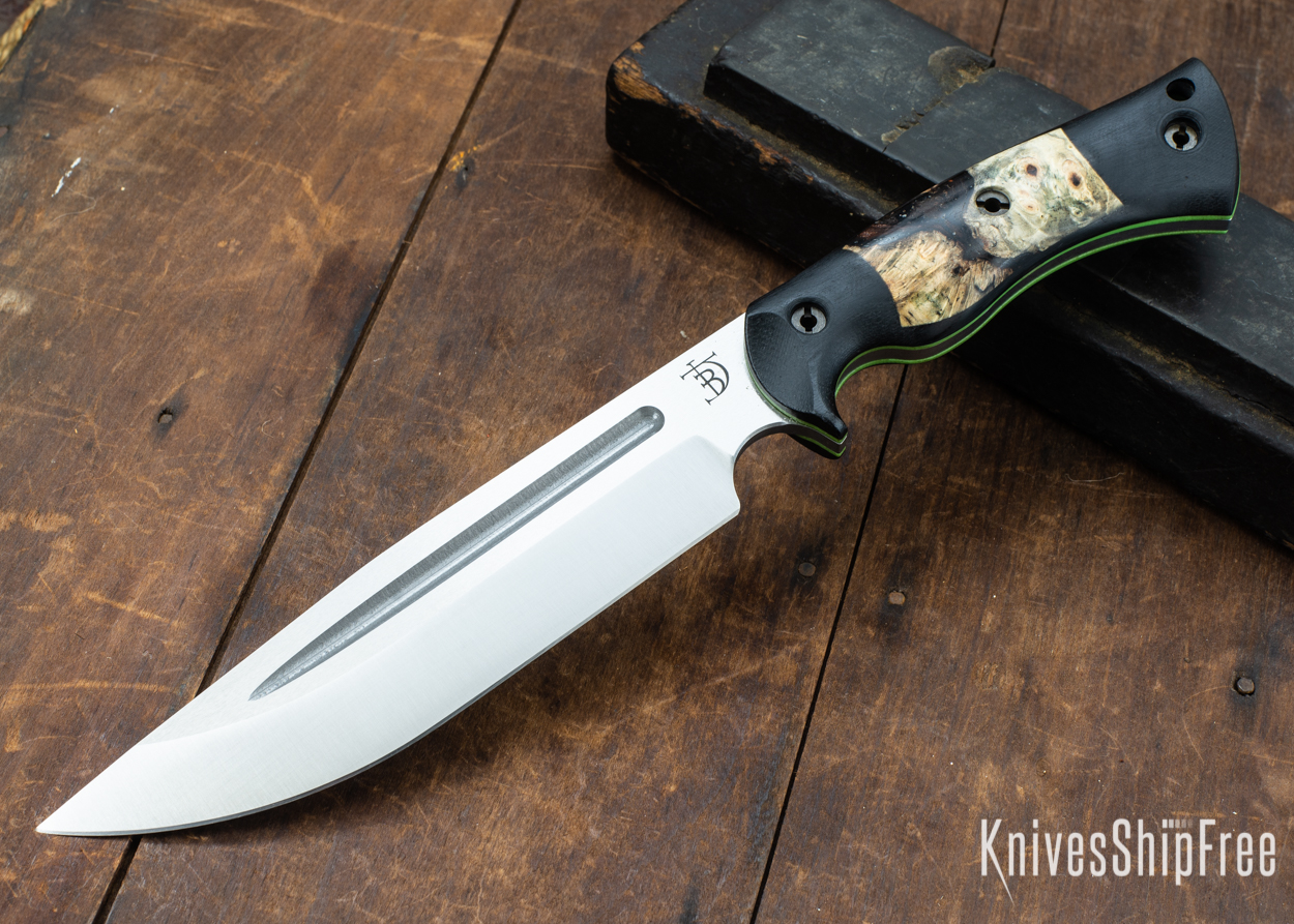 Dark Timber Knives: Honey Badger 3V - Black Micarta - Buckeye Burl - Green Liners - Satin - 121656