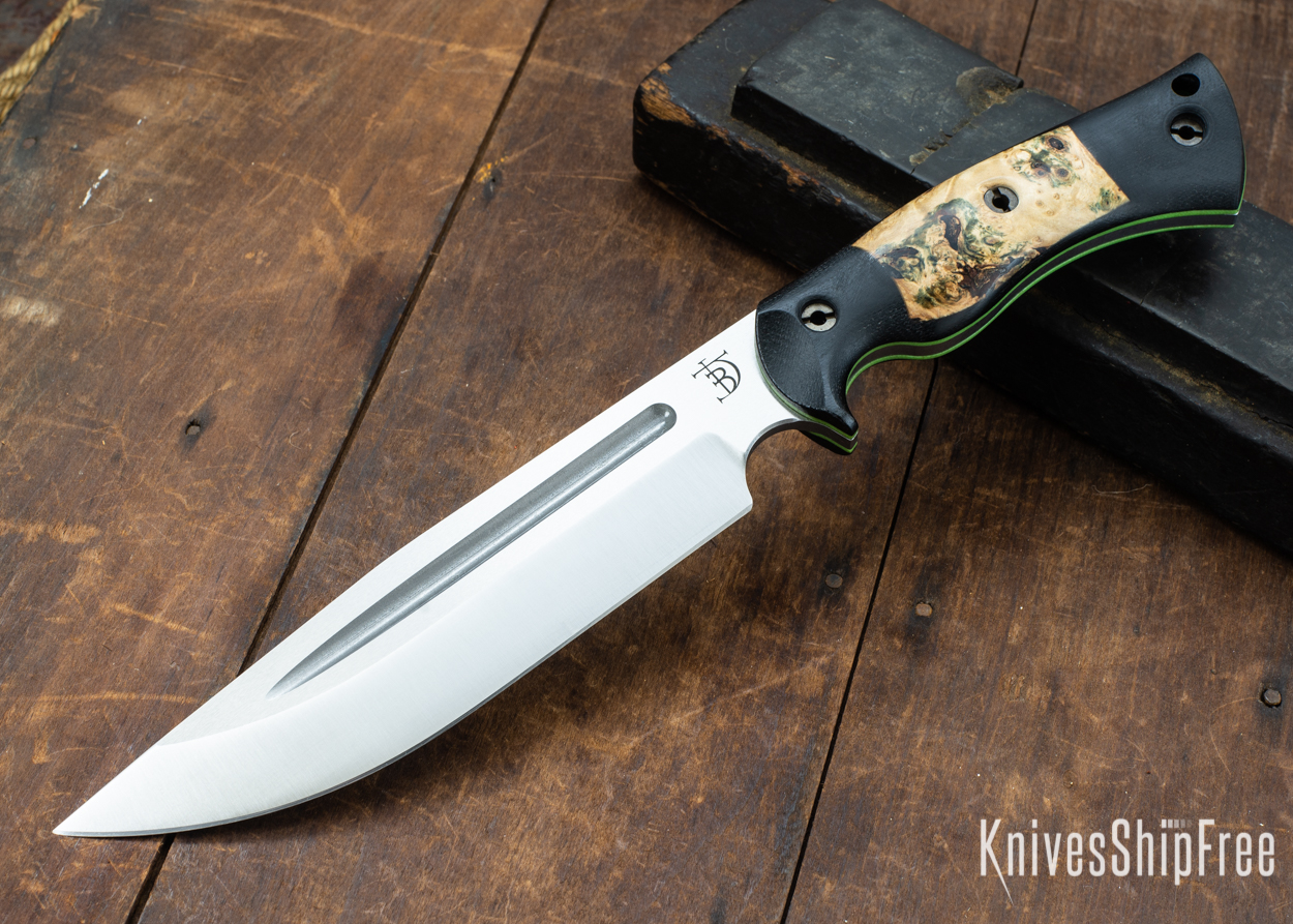 Dark Timber Knives: Honey Badger 3V - Black Micarta - Buckeye Burl - Green Liners - Satin - 121657