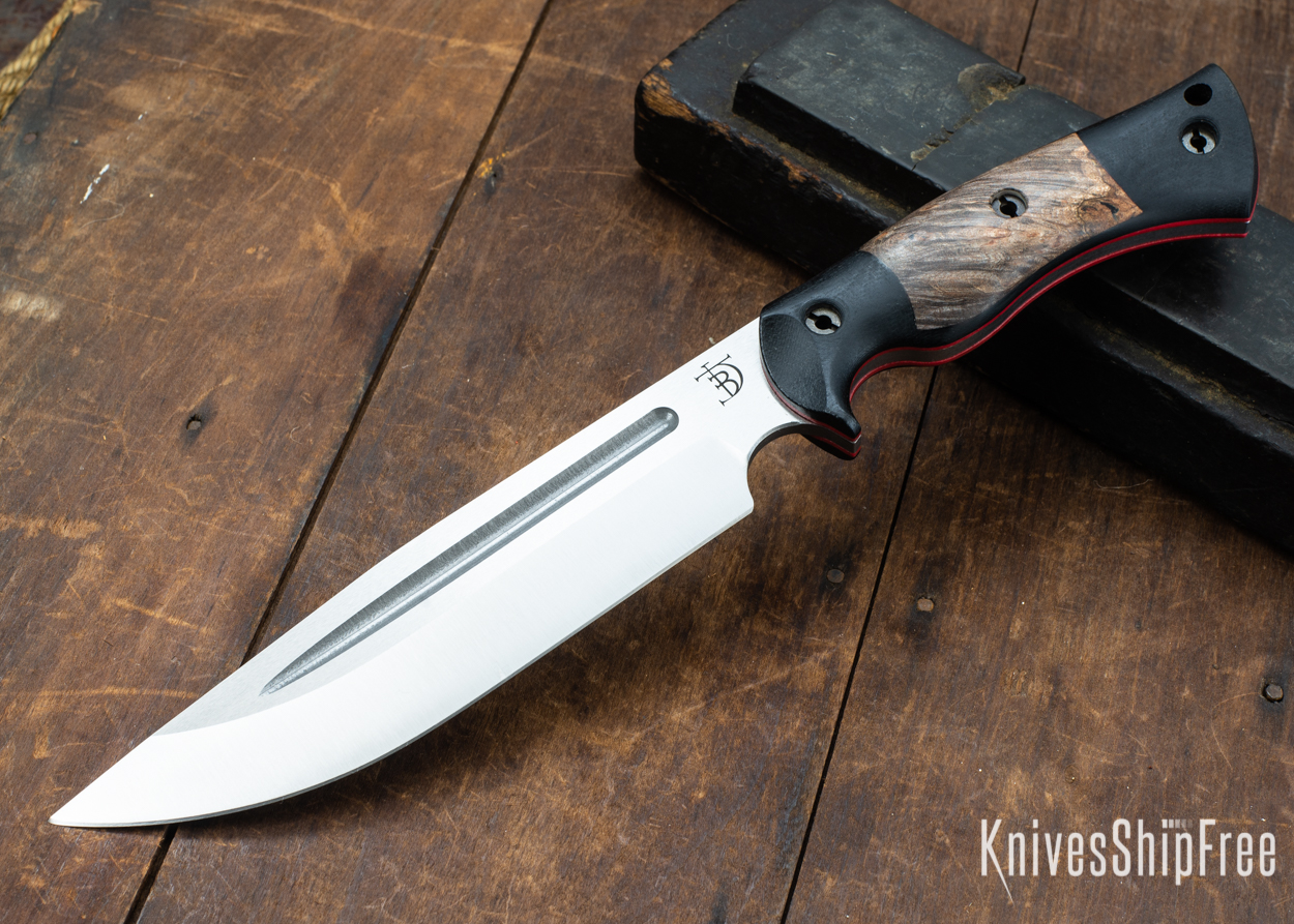 Dark Timber Knives: Honey Badger 3V - Black Micarta - Dark Maple Burl - Red Liners - Satin - 121658