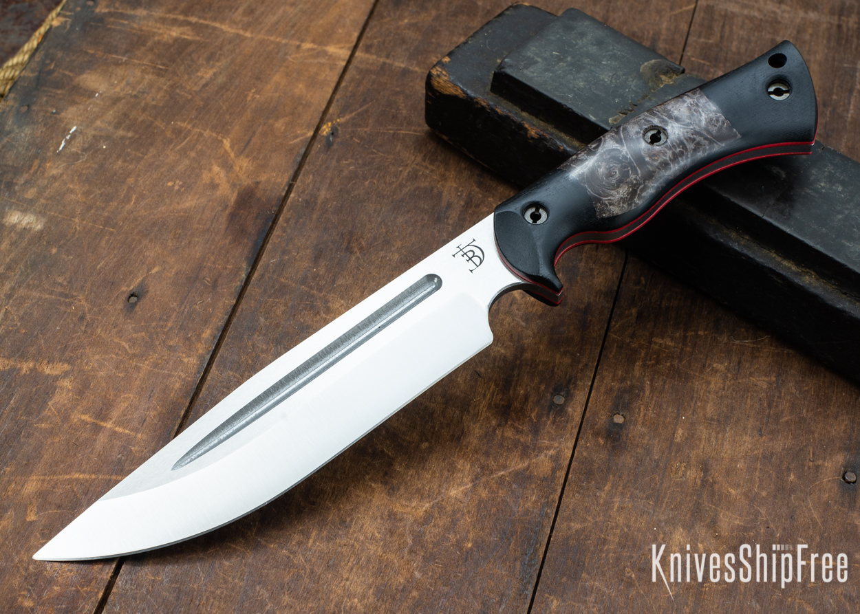 Dark Timber Knives: Honey Badger 3V - Black Micarta - Dark Maple Burl - Red Liners - Satin - 121659