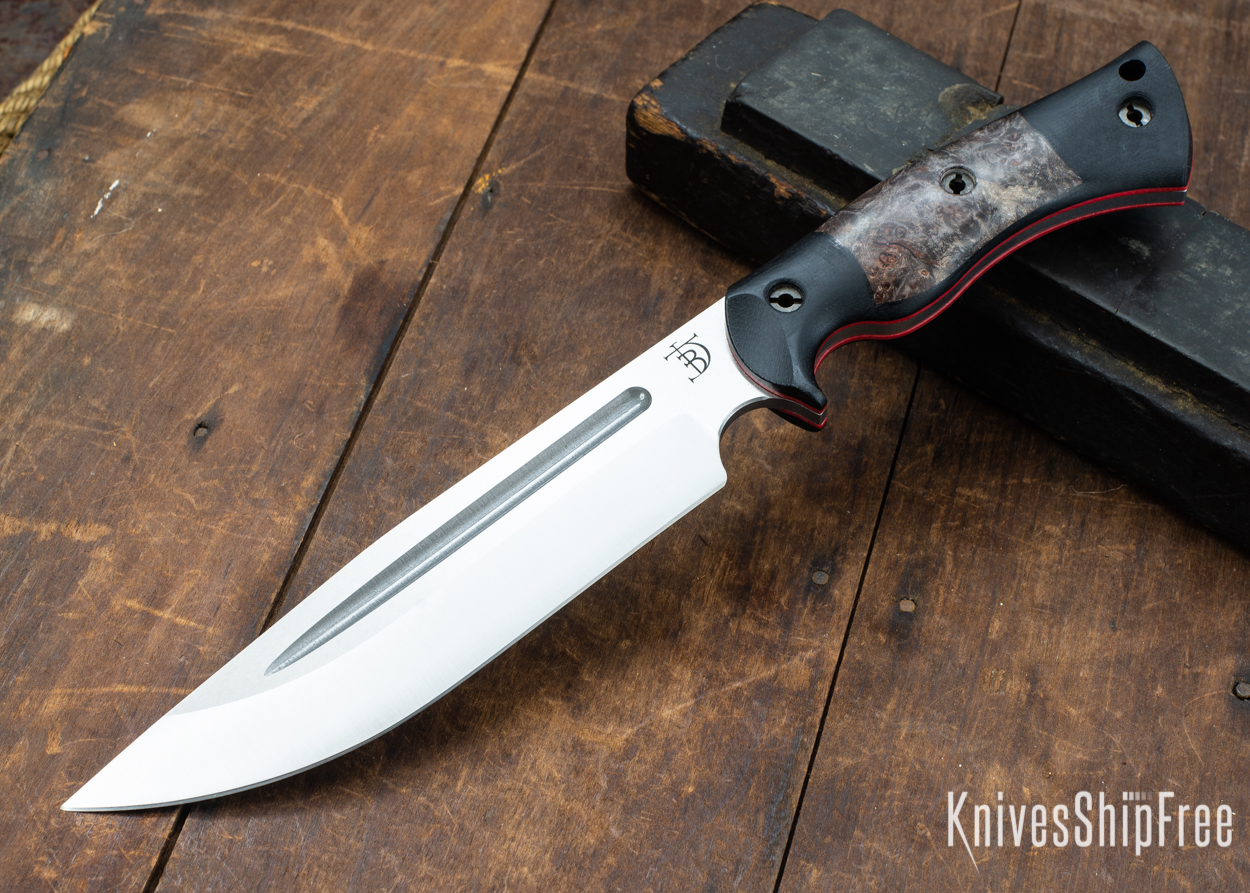 Dark Timber Knives: Honey Badger 3V - Black Micarta - Dark Maple Burl - Red Liners - Satin - 121660