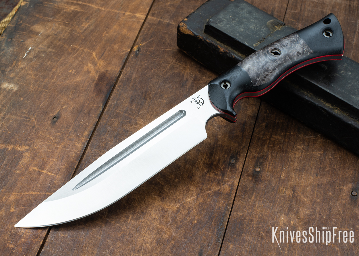 Dark Timber Knives: Honey Badger 3V - Black Micarta - Dark Maple Burl - Red Liners - Satin - 121661