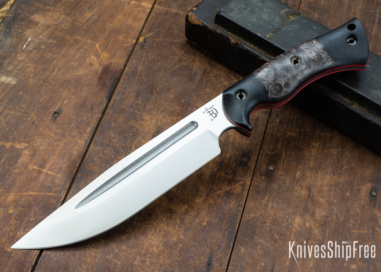 Dark Timber Knives: Honey Badger 3V - Black Micarta - Dark Maple Burl - Red Liners - Satin - 121662