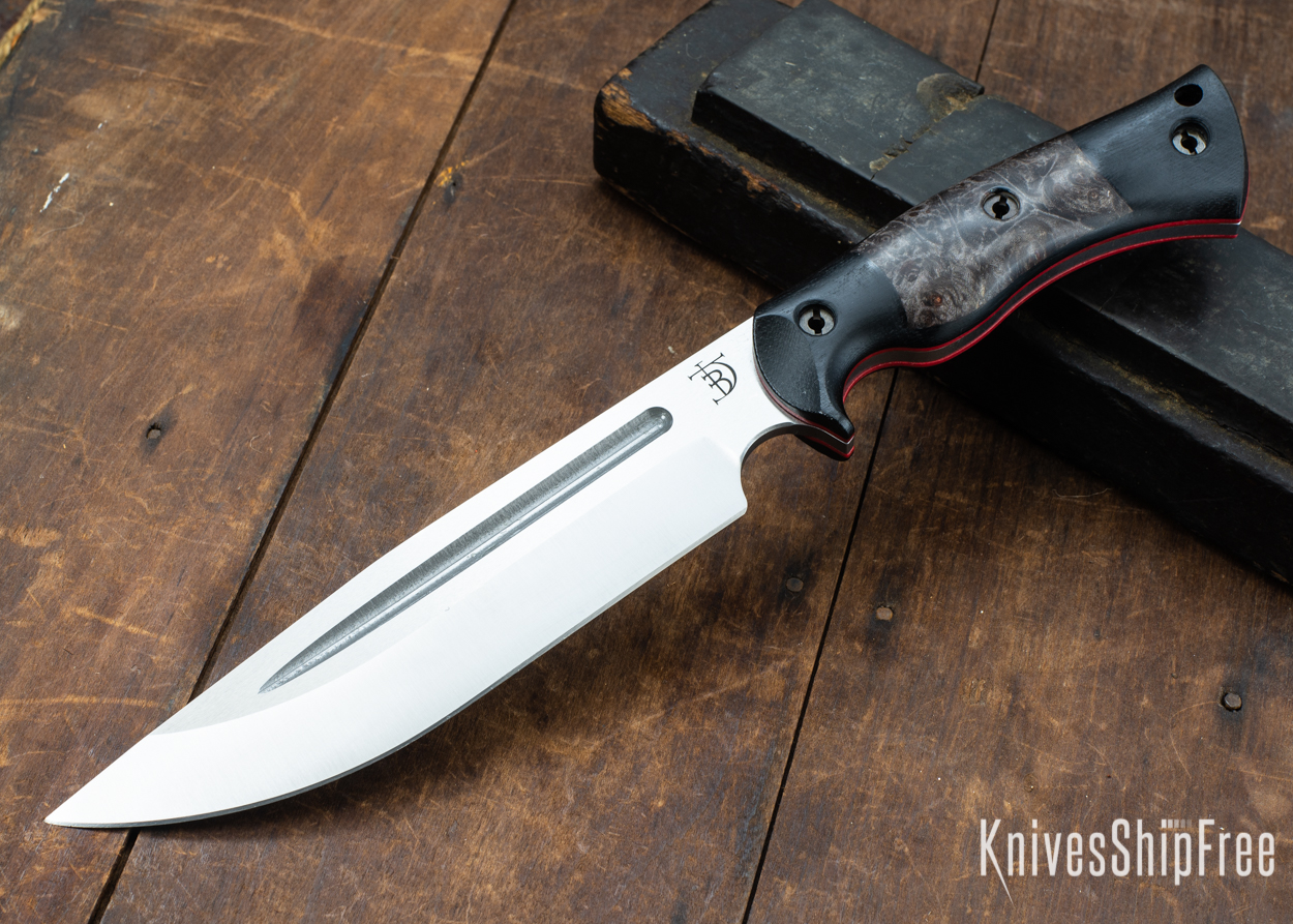 Dark Timber Knives: Honey Badger 3V - Black Micarta - Dark Maple Burl - Red Liners - Satin - 121663