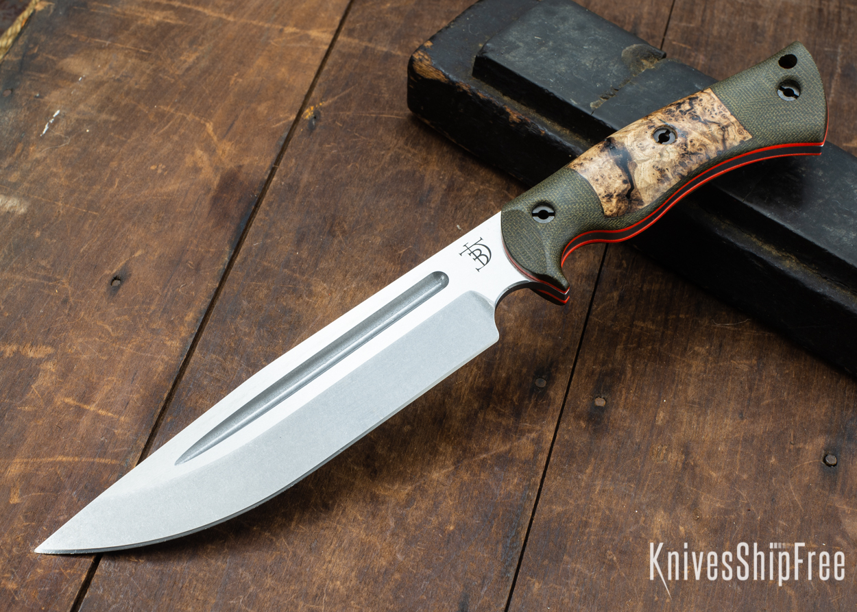 Dark Timber Knives: Honey Badger 3V - Green Micarta - Black Ash Burl - Orange Liners - Tumbled - 121664