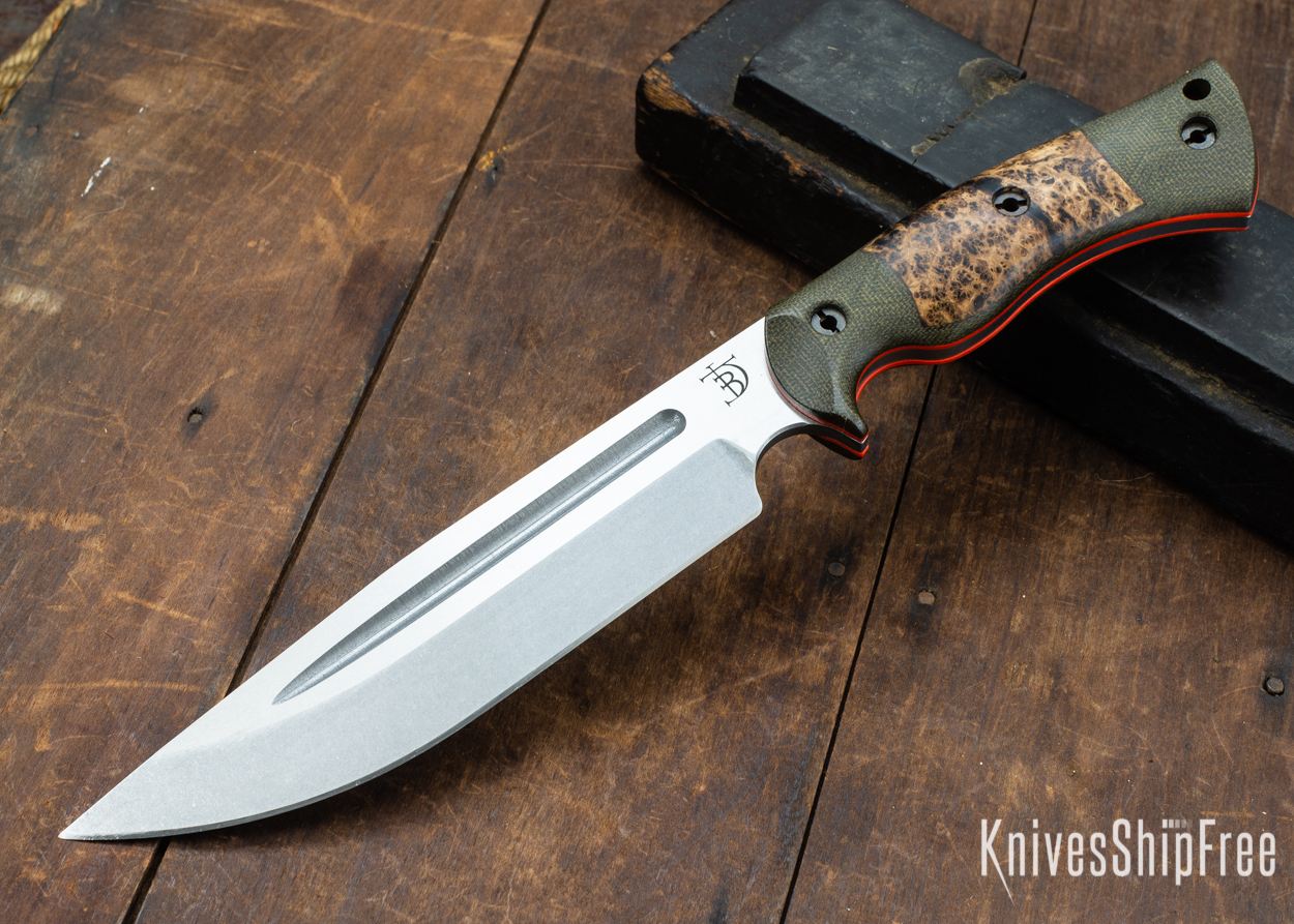 Dark Timber Knives: Honey Badger 3V - Green Micarta - Black Ash Burl - Orange Liners - Tumbled - 121665