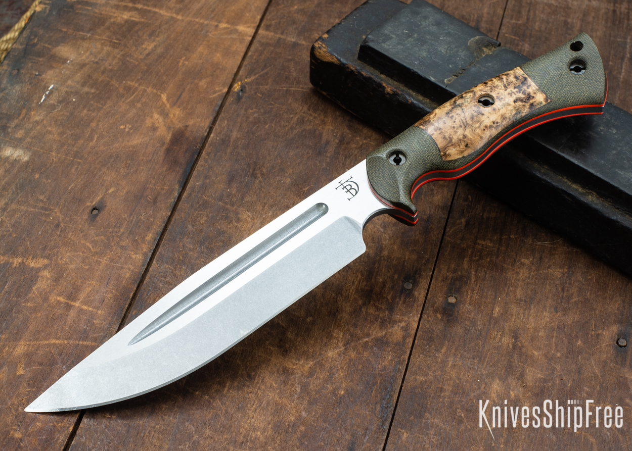 Dark Timber Knives: Honey Badger 3V - Green Micarta - Black Ash Burl - Orange Liners - Tumbled - 121666