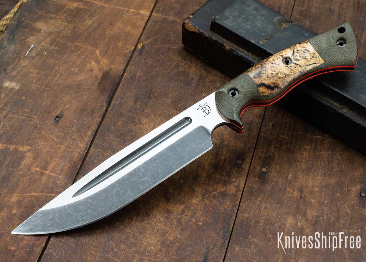 Dark Timber Knives: Honey Badger 3V - Green Micarta - Black Ash Burl - Orange Liners - Acid Washed - 121667