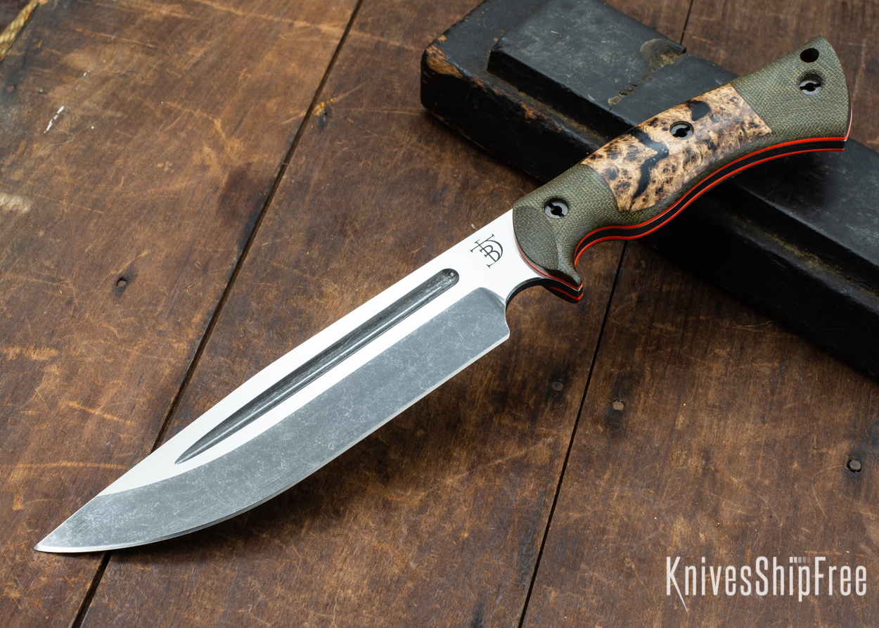 Dark Timber Knives: Honey Badger 3V - Green Micarta - Black Ash Burl - Orange Liners - Acid Washed - 121668