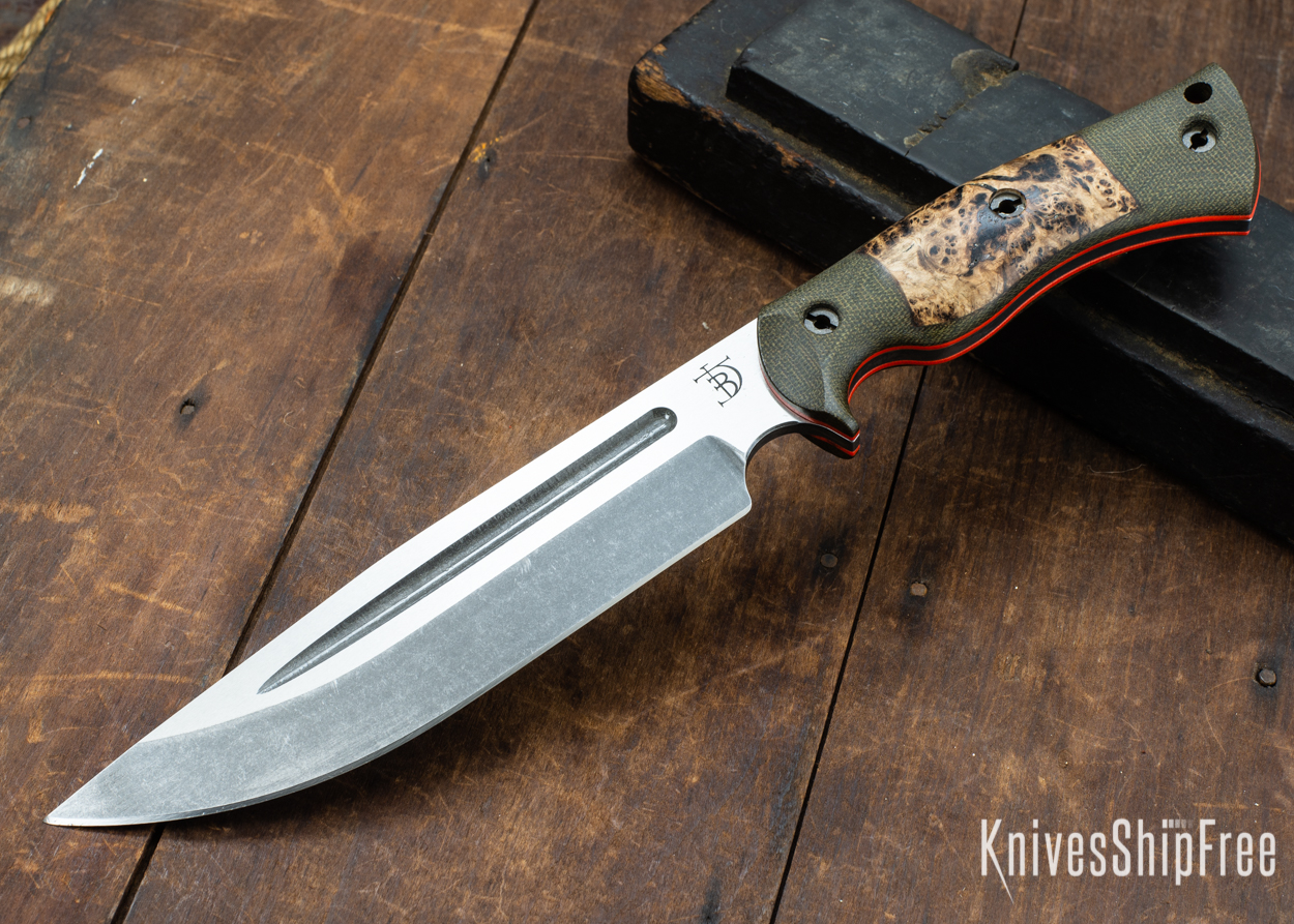 Dark Timber Knives: Honey Badger 3V - Green Micarta - Black Ash Burl - Orange Liners - Acid Washed - 121669